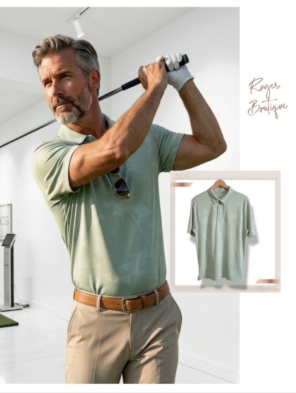 🌿BCG Mens Large Light Green Camo Golf Polo Shirt Short Sleeve